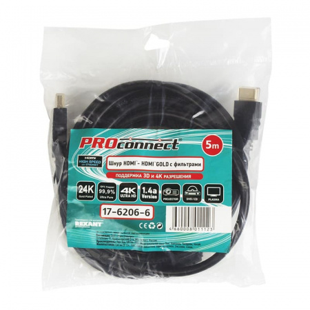 Шнур HDMI - HDMI с фильтрами, длина 5 метров (GOLD) (PE пакет) PROconnect Фото