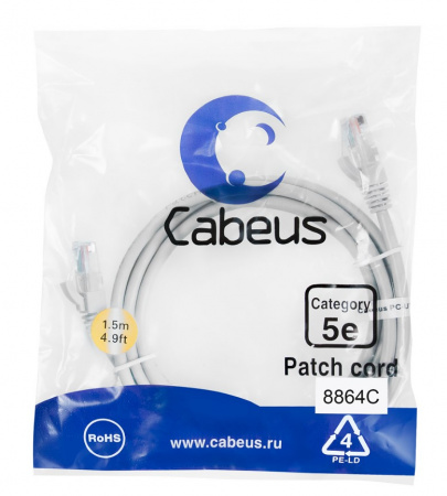 Cabeus PC-UTP-RJ45-Cat.5e-1.5m-LSZH Патч-корд U/UTP, категория 5е, 2xRJ45/8p8c, неэкранированный, серый, LSZH, 1.5м Фото