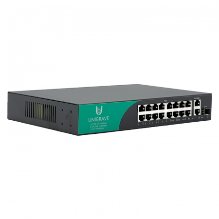 UB-SW-16F2G1SFP-200 Base Неуправляемый коммутатор Unibrave с поддержкой PoE на 16 портов, 2 Uplink 1000 Мбит/c и 1 SFP (200 Вт) Фото