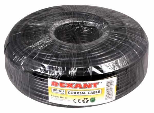 Кабель коаксиальный REXANT RG-6U, 75 Ом, CCS/Al/Al, 64%, бухта 100 м, черный OUTDOOR Фото