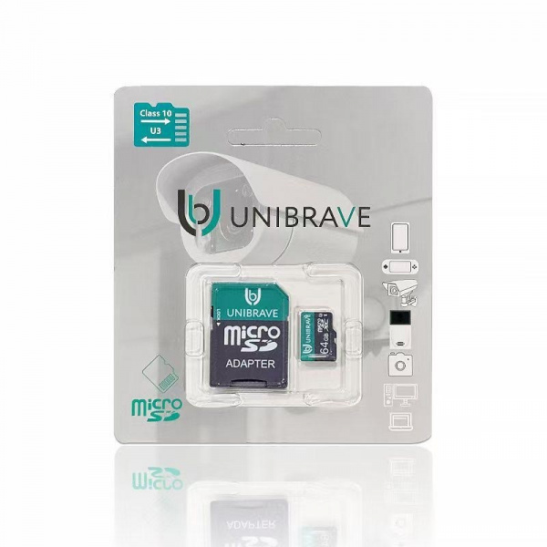 Карта памяти для видеонаблюдения 64GB MicroSD Unibrave Class 10 U3 + SD адаптер Фото