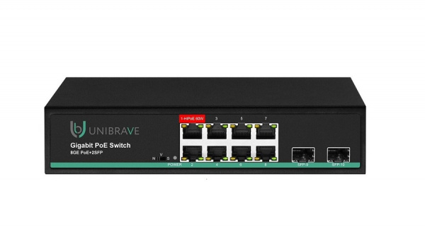 UB-SW-8G2SFP-150 Pro Гигабитный неуправляемый коммутатор Unibrave с поддержкой PoE на 8 портов, 2SFP-портами (150 Вт) Фото UB-SW-8G2SFP-150 Pro Гигабитный неуправляемый коммутатор Unibrave с поддержкой PoE на 8 портов, 2SFP-портами (150 Вт) Фото