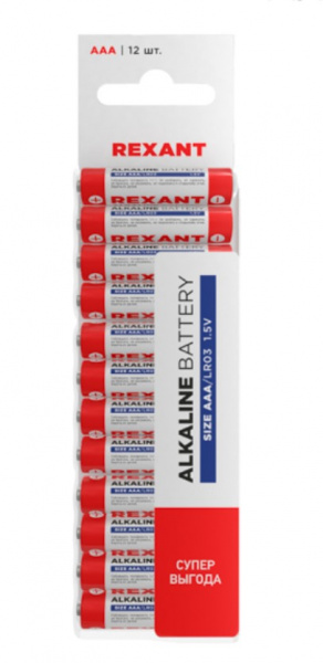 Алкалиновая батарейка AAA/LR03 1,5 V 12 шт. REXANT Фото Алкалиновая батарейка AAA/LR03 1,5 V 12 шт. REXANT Фото