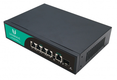 UB-SW-4G1G1SFP-65 Base Гигабитный неуправляемый коммутатор Unibrave с 4 PoE-портами 1000 Мбит/с, 1 Uplink 1000 Мбит/с, 1 SFP Фото